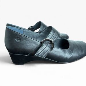 Josef Seibel Women's Black Leather Mary Jane Wedge Shoes Buckle Strap